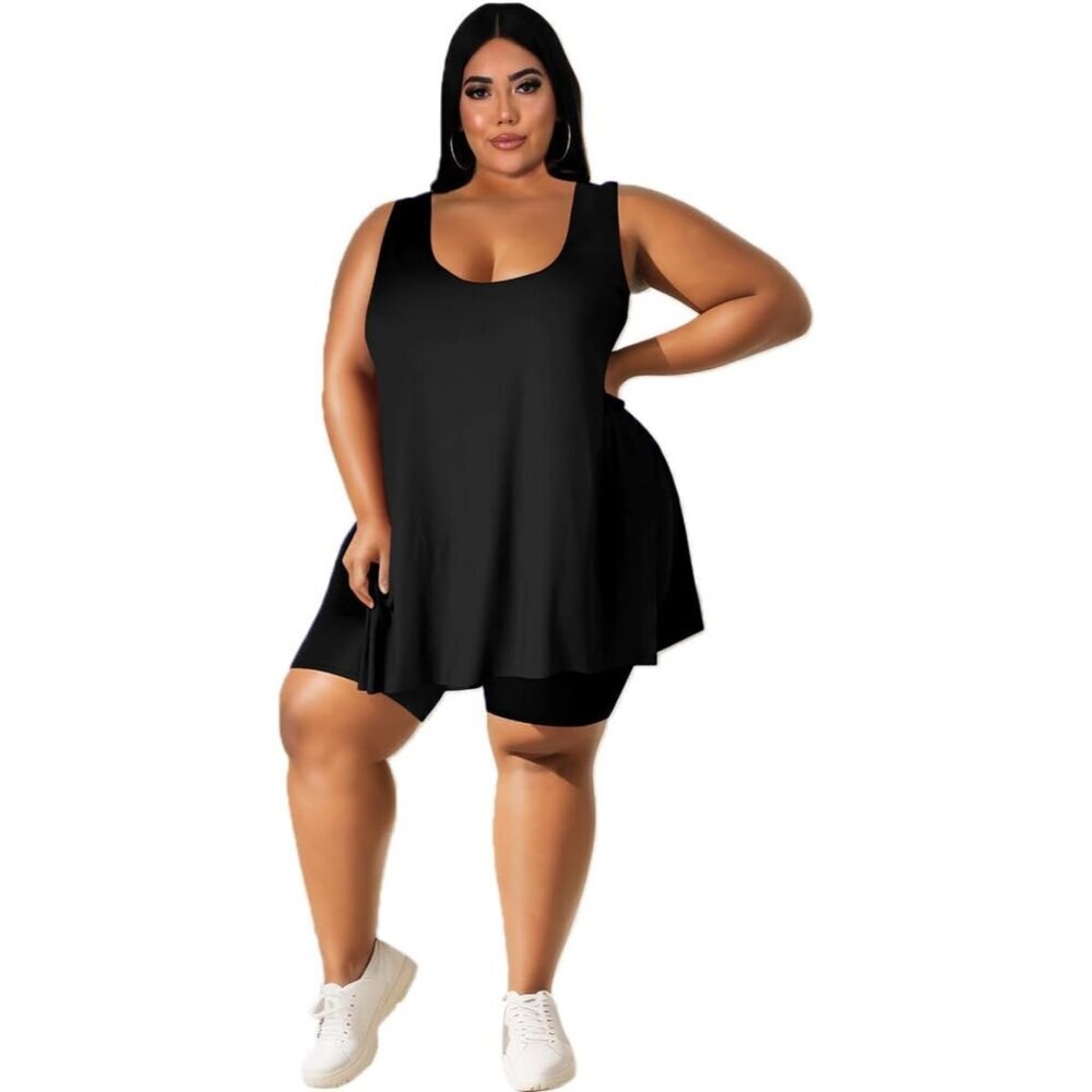 Plus Size Women 2 Piece Shorts Sets Sleeveless Tops Casual Summer Wear